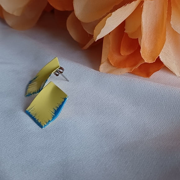 Yellow/Blue Geometric Earrings - Picture 8 of 9